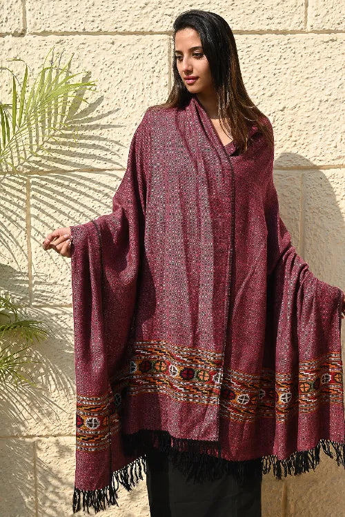 The ICH Exclusive Soft Himachal Wool Shawl With Woven Border - Mulberry Caravan