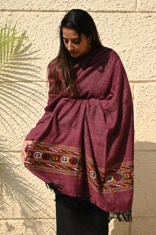 The ICH Exclusive Soft Himachal Wool Shawl With Woven Border - Mulberry Caravan