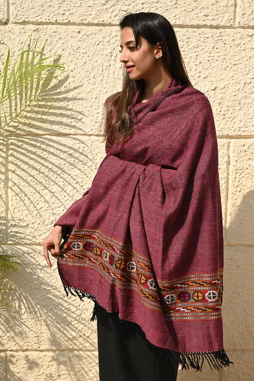The ICH Exclusive Soft Himachal Wool Shawl With Woven Border - Mulberry Caravan