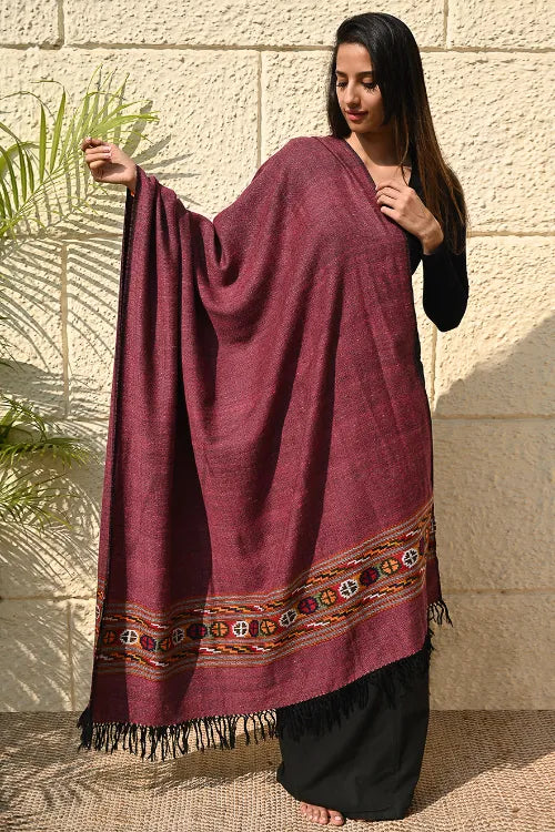 The ICH Exclusive Soft Himachal Wool Shawl With Woven Border - Mulberry Caravan