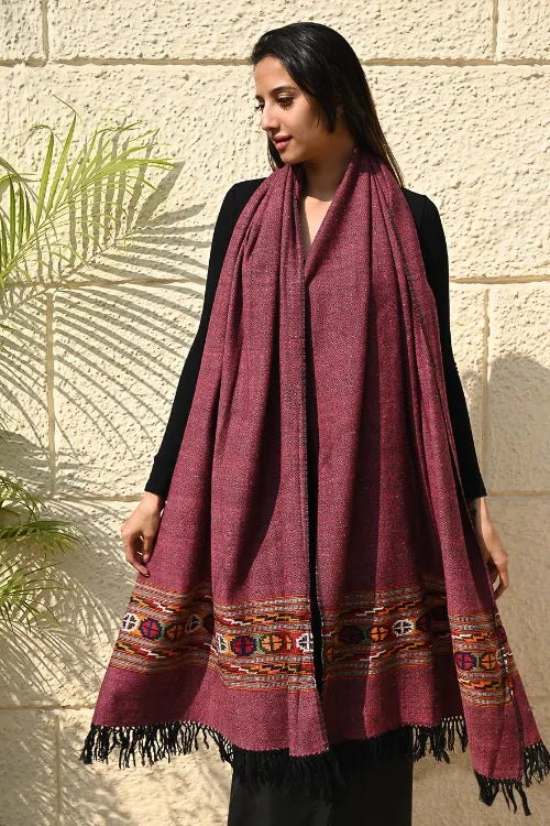 The ICH Exclusive Soft Himachal Wool Shawl With Woven Border - Mulberry Caravan