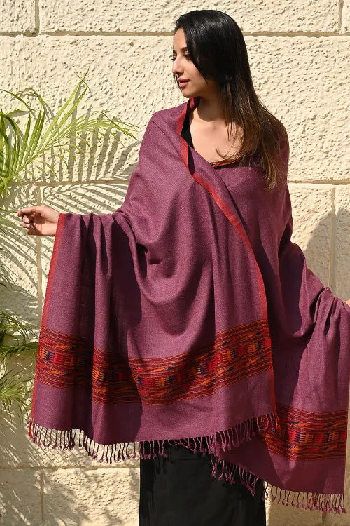 The ICH Exclusive Soft Himachal Wool Shawl With Woven Border - Mulberry Trail