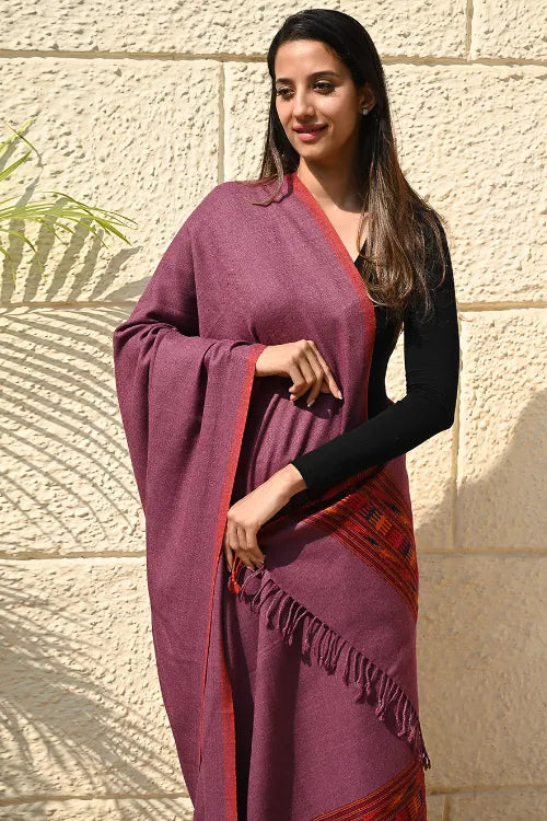 The ICH Exclusive Soft Himachal Wool Shawl With Woven Border - Mulberry Trail