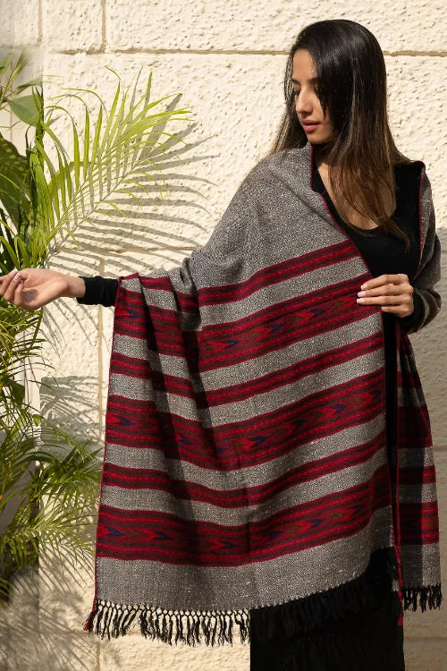 The ICH Fine, Soft Himachal Self Striped Wool Shawl - 3 Panels, Cherry On Graphite