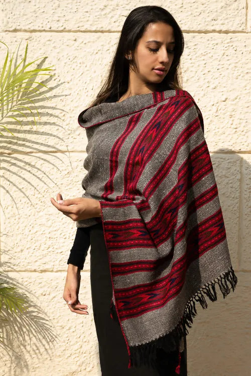 The ICH Fine, Soft Himachal Self Striped Wool Shawl - 3 Panels, Cherry On Graphite