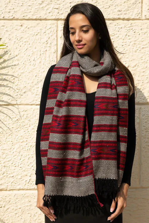 The ICH Fine, Soft Himachal Self Striped Wool Shawl - 3 Panels, Cherry On Graphite