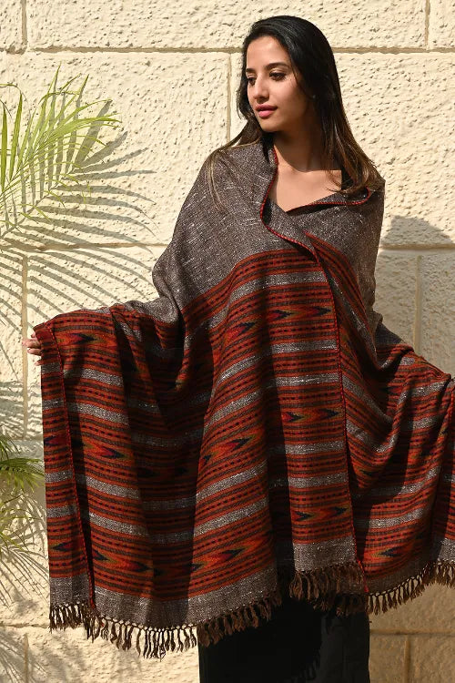 The ICH Fine, Soft Himachal Self Striped Wool Shawl - 3 Panels, Earthbound