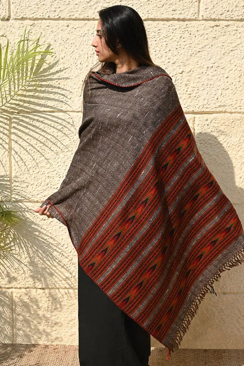 The ICH Fine, Soft Himachal Self Striped Wool Shawl - 3 Panels, Earthbound