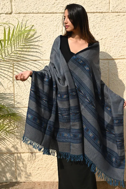 The ICH Fine, Soft Himachal Self Striped Wool Shawl - 3 Panels, Dune Sapphire
