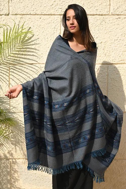 The ICH Fine, Soft Himachal Self Striped Wool Shawl - 3 Panels, Dune Sapphire