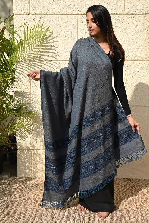 The ICH Fine, Soft Himachal Self Striped Wool Shawl - 3 Panels, Dune Sapphire