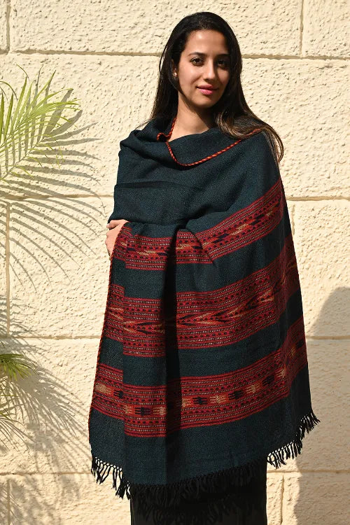 The ICH Fine, Soft Himachal Self Striped Wool Shawl - 3 Panels, Deep Alpine Teal