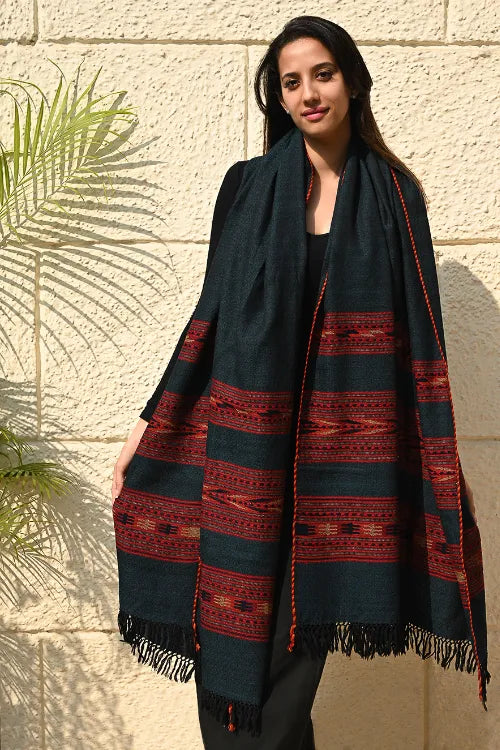 The ICH Fine, Soft Himachal Self Striped Wool Shawl - 3 Panels, Deep Alpine Teal