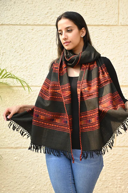 The ICH Fine, Soft Himachal Self Striped Wool Shawl - 3 Panels, Teatree