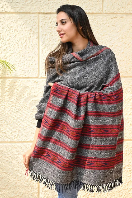 The ICH Fine, Soft Himachal Self Striped Wool Shawl - 3 Panels, Blush Granite