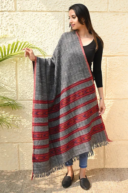 The ICH Fine, Soft Himachal Self Striped Wool Shawl - 3 Panels, Blush Granite