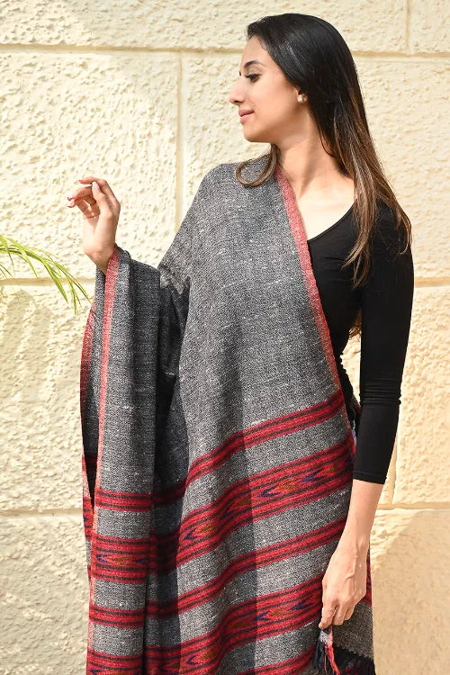 The ICH Fine, Soft Himachal Self Striped Wool Shawl - 3 Panels, Blush Granite