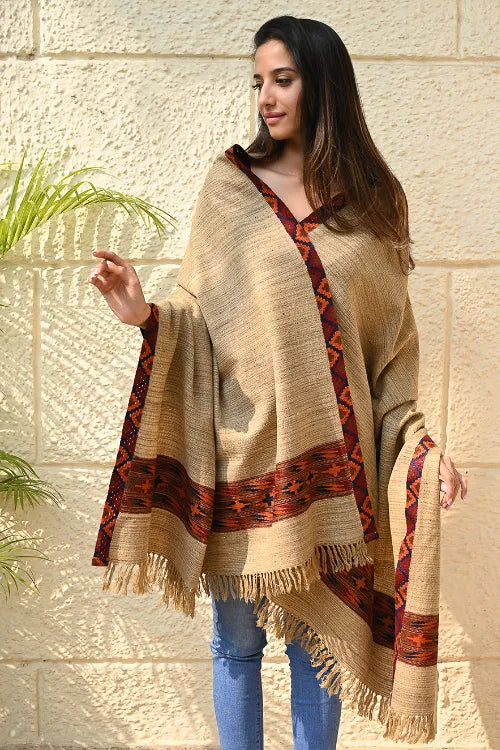 The ICH Exclusive Soft Himachal Wool Shawl With Woven Border - Sandstone Birch