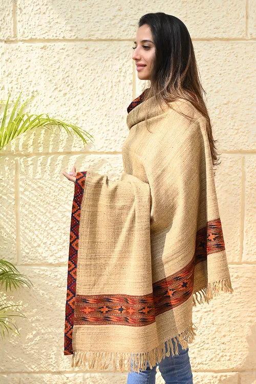 The ICH Exclusive Soft Himachal Wool Shawl With Woven Border - Sandstone Birch