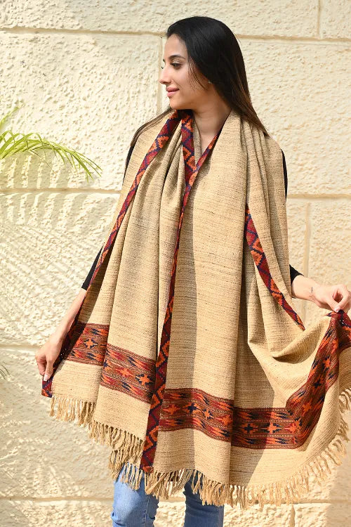 The ICH Exclusive Soft Himachal Wool Shawl With Woven Border - Sandstone Birch