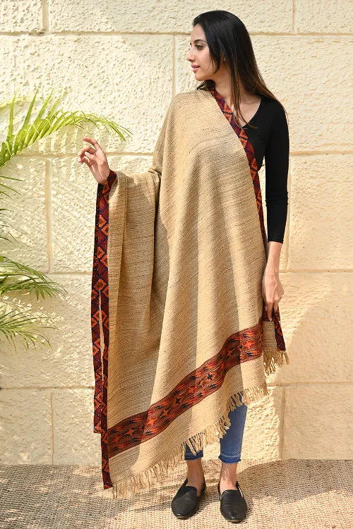 The ICH Exclusive Soft Himachal Wool Shawl With Woven Border - Sandstone Birch