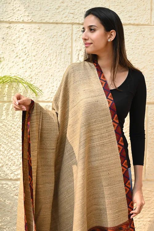 The ICH Exclusive Soft Himachal Wool Shawl With Woven Border - Sandstone Birch