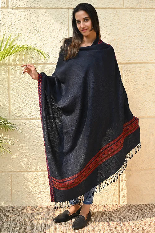 The ICH Exclusive Soft Himachal Wool Shawl With Woven Border - Midnight Ocean