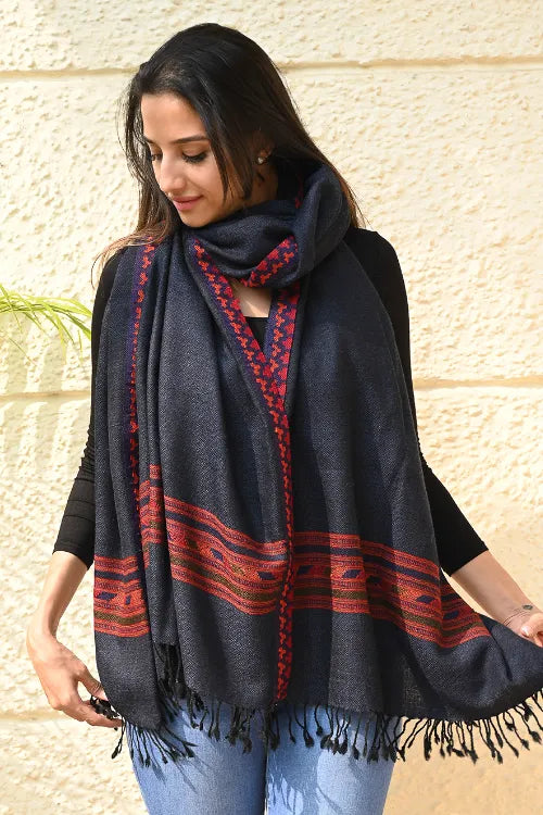 The ICH Exclusive Soft Himachal Wool Shawl With Woven Border - Midnight Ocean
