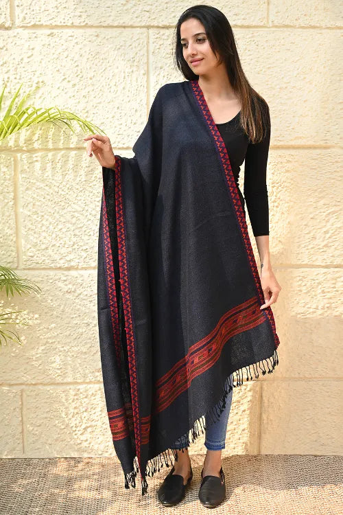The ICH Exclusive Soft Himachal Wool Shawl With Woven Border - Midnight Ocean