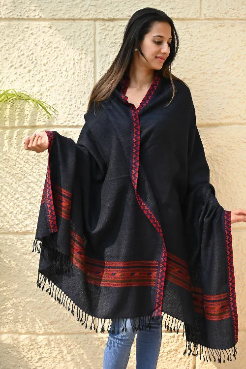 The ICH Exclusive Soft Himachal Wool Shawl With Woven Border - Midnight Ocean