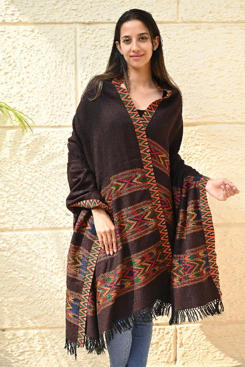 The ICH Fine, Soft Himachal Self Striped Wool Shawl - 3 Panels, Spiced Cacao