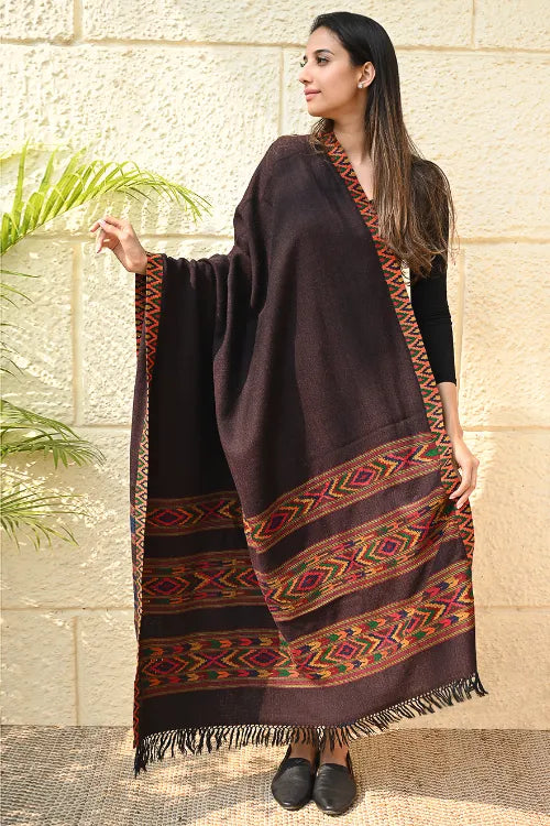 The ICH Fine, Soft Himachal Self Striped Wool Shawl - 3 Panels, Spiced Cacao