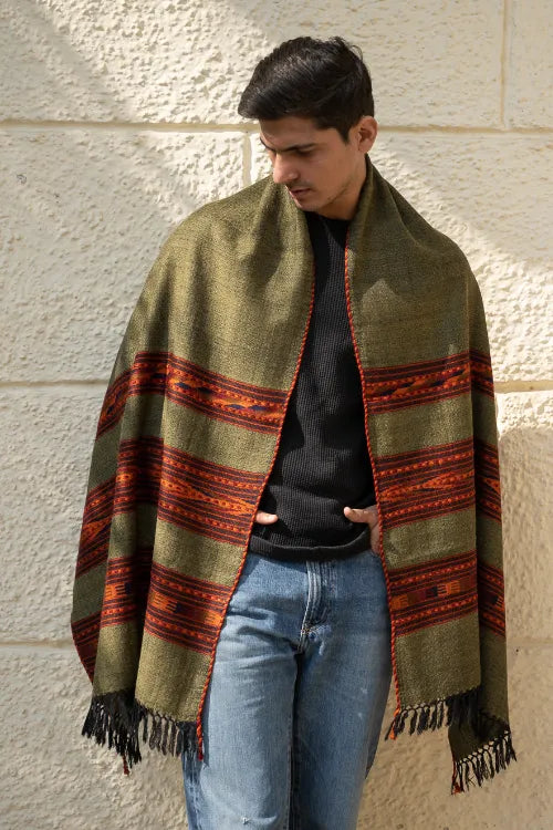 The ICH Light & Warm Himachal Stole - Olive Bands