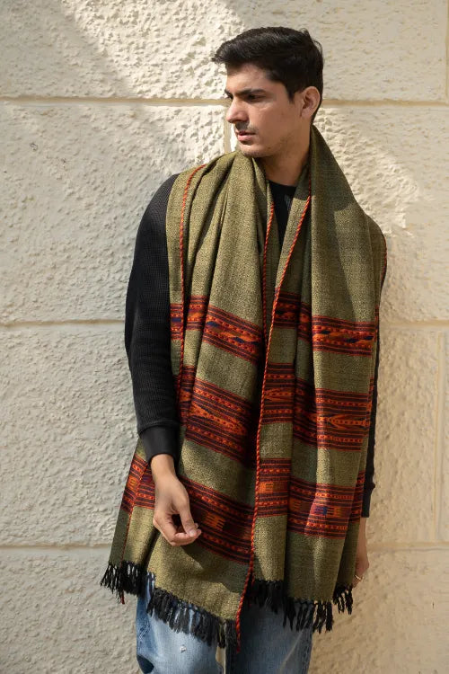 The ICH Light & Warm Himachal Stole - Olive Bands
