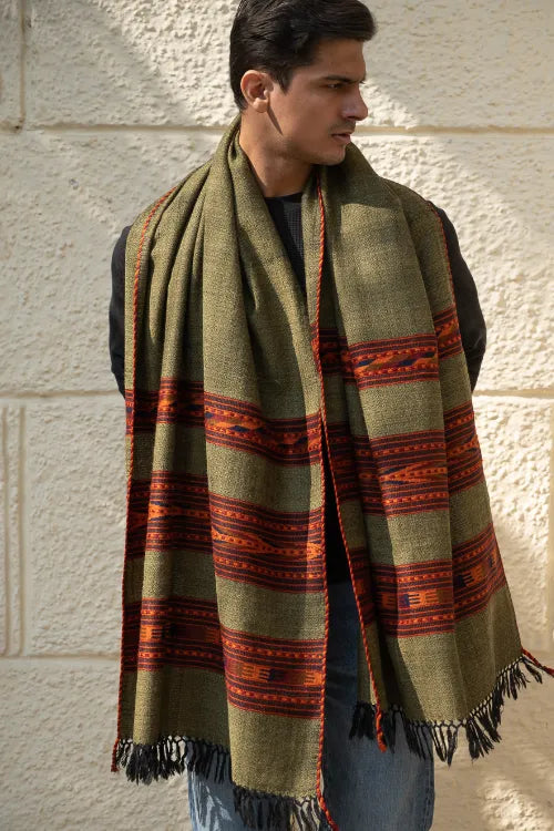 The ICH Light & Warm Himachal Stole - Olive Bands