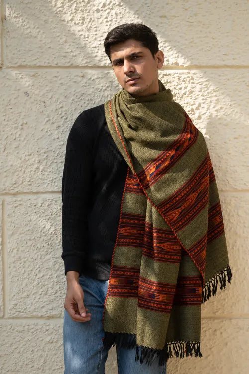 The ICH Light & Warm Himachal Stole - Olive Bands
