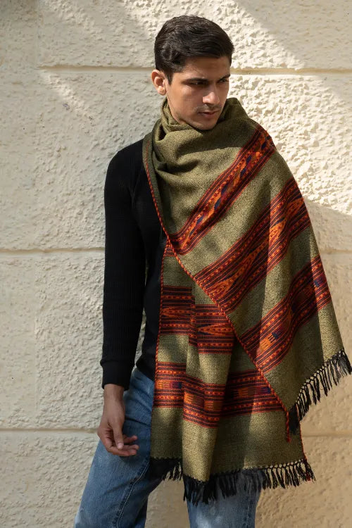 The ICH Light & Warm Himachal Stole - Olive Bands
