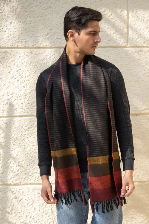 The ICH Light & Warm Himachal Stole - Charcoal Pinstripes