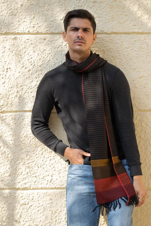 The ICH Light & Warm Himachal Stole - Charcoal Pinstripes