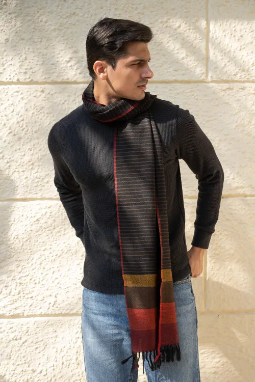 The ICH Light & Warm Himachal Stole - Charcoal Pinstripes