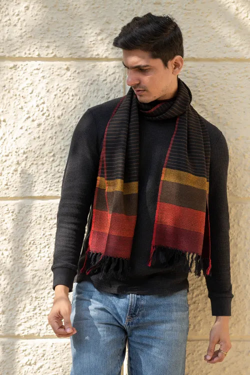 The ICH Light & Warm Himachal Stole - Charcoal Pinstripes