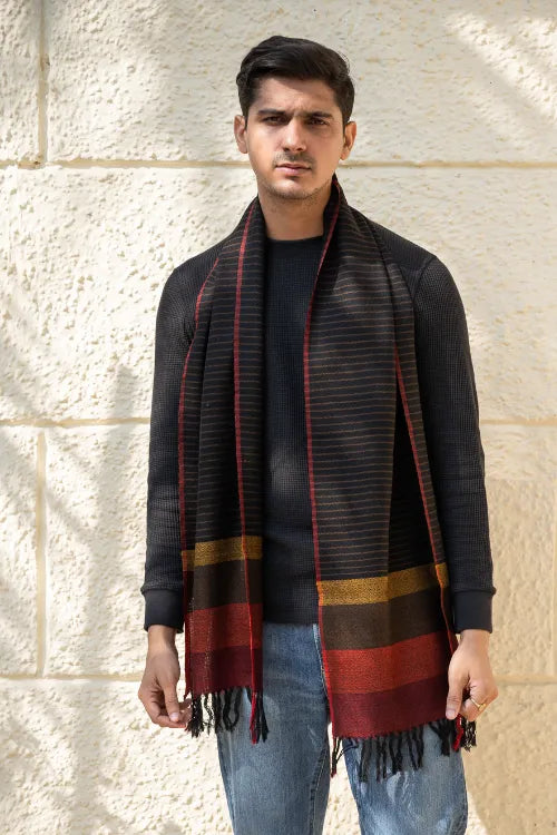 The ICH Light & Warm Himachal Stole - Charcoal Pinstripes