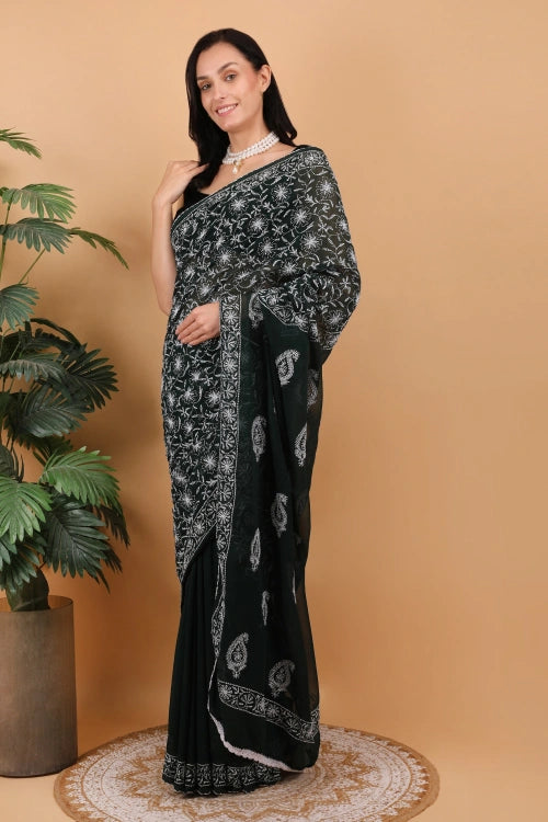 Shwet Women Dark Green Hand Embroidered Chikankari Georgette Saree