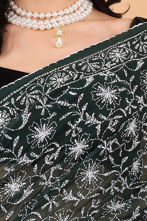 Shwet Women Dark Green Hand Embroidered Chikankari Georgette Saree