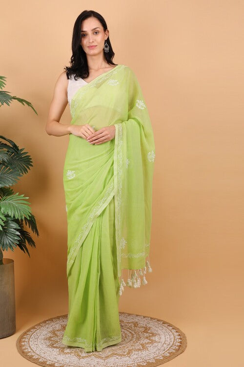 Shwet Women Green Hand Embroidered Chikankari  Mulmul Saree