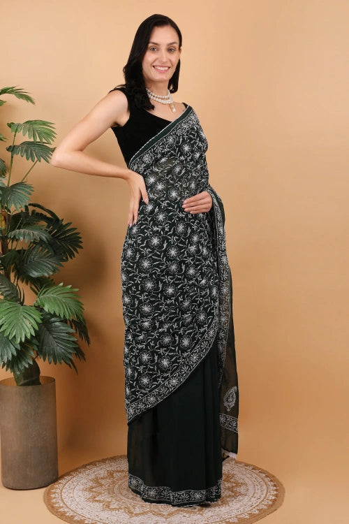 Shwet Women Dark Green Hand Embroidered Chikankari Georgette Saree