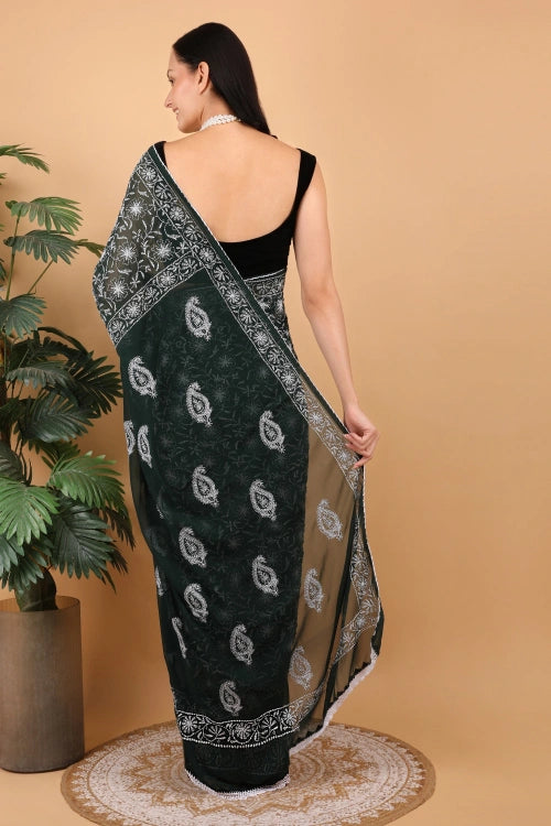 Shwet Women Dark Green Hand Embroidered Chikankari Georgette Saree