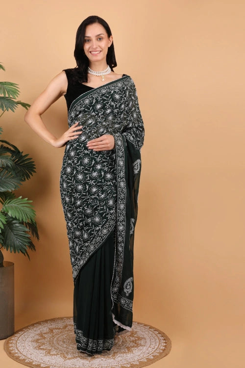 Shwet Women Dark Green Hand Embroidered Chikankari Georgette Saree