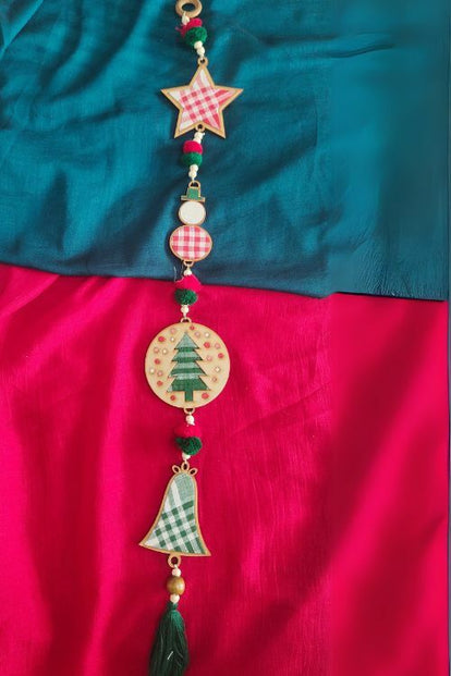 WHE Long Repurposed Wood And Upcycled Fabric Reversible Christmas Charm