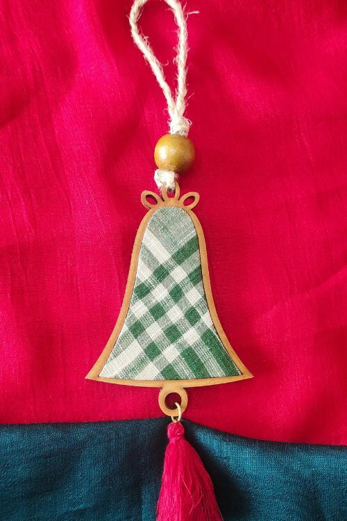 Whe Green Bell  Repurposed Wood And Upcycled Fabric  Christmas Charm Combo Of 3